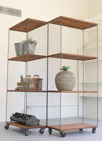 Kalalou 2 Hinged Raw Metal And Honey Wood Shelving Units On Casters | Modishstore | Shelves & Shelving Units