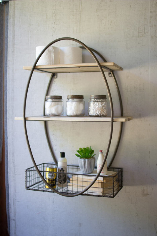 KalalouTall Oval Metal Wall Unit With Recycled Wood Shelves | Modishstore | Wall Shelf