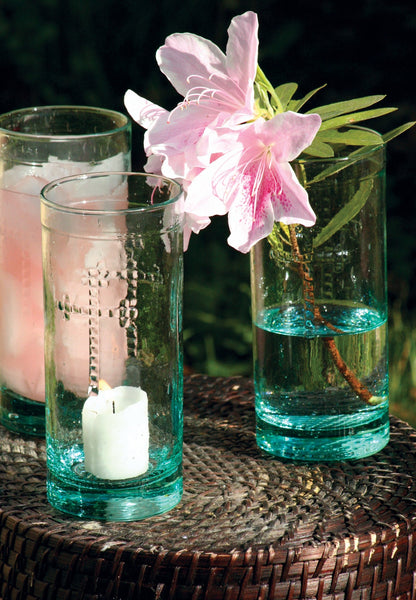 Kalalou Rustic Glass Candleholder Vase Or Drinkware With Cross Detail | Modishstore | Candle Holders