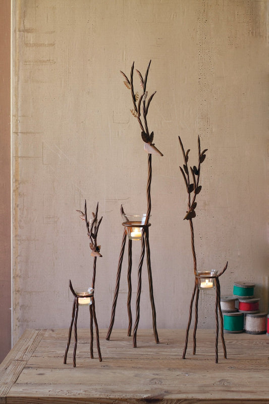 Kalalou Rustic Iron Reindeer With One Tealight - Set Of 3 | Modishstore | Candle Holders