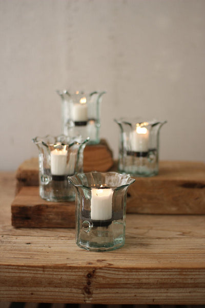 Kalalou Recycled Glass Mini Ribbed Votive Cylinder - Set of 4 | Modishstore | Candle Holders