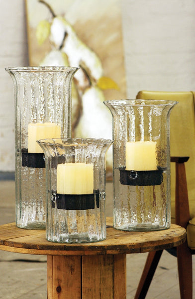 Kalalou Ribbed Glass Candle Cylinder With Rustic Insert | Modishstore | Candle Holders