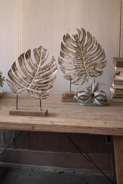 Kalalou Set Of 2 Metal Monstera Leaves On Wooden Bases | Modishstore | Home Accents