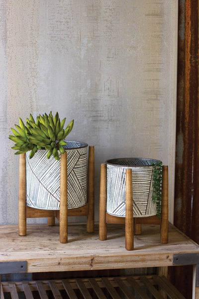Kalalou Set Of 2 Pressed Tin Planters With Wooden Bases | Modishstore | Planters, Troughs & Cachepots