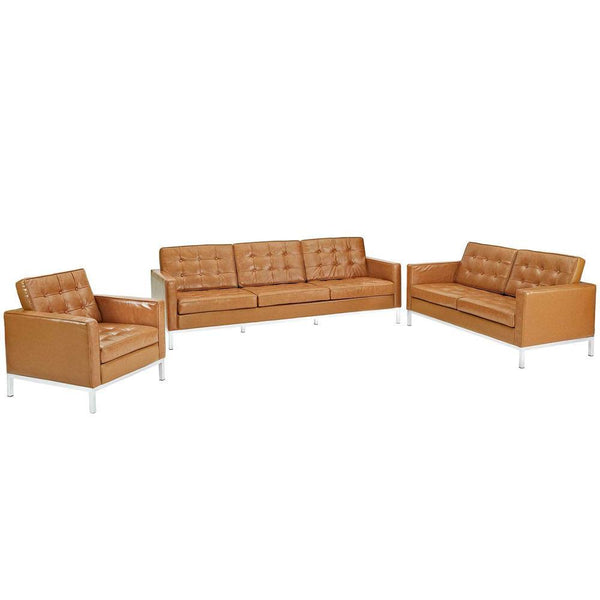 Modway Loft Armchair Loveseat and Sofa Set Leather 3 Piece Set - Tan | Sofas | Modishstore