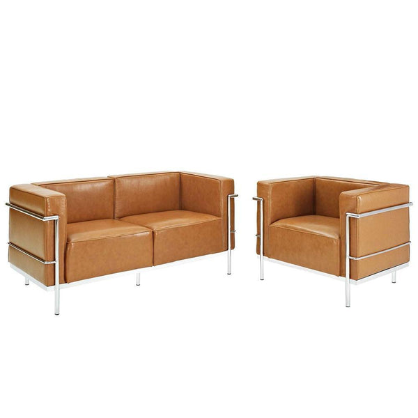Modway Charles Grande Loveseat and Armchair Leather Set Of 2 - Tan | Loveseats | Modishstore-2