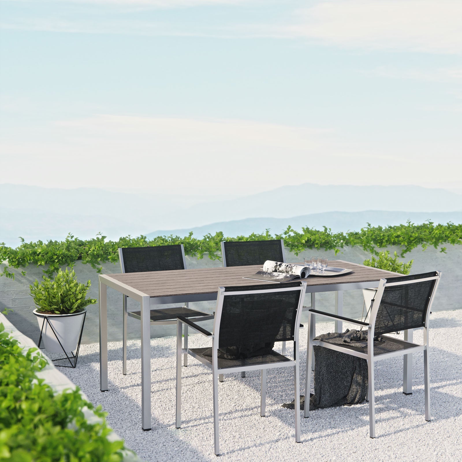 Modway EEI-2483 Shore 5 Piece Outdoor Patio Aluminum Dining Set - Silver Black | Dining Sets | Modishstore