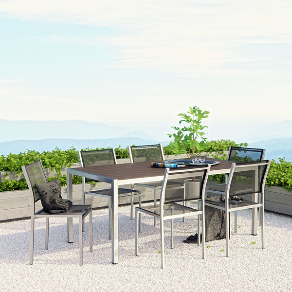 Modway EEI-2485 Shore 7 Piece Outdoor Patio Aluminum Dining Set - Silver Black | Dining Sets | Modishstore