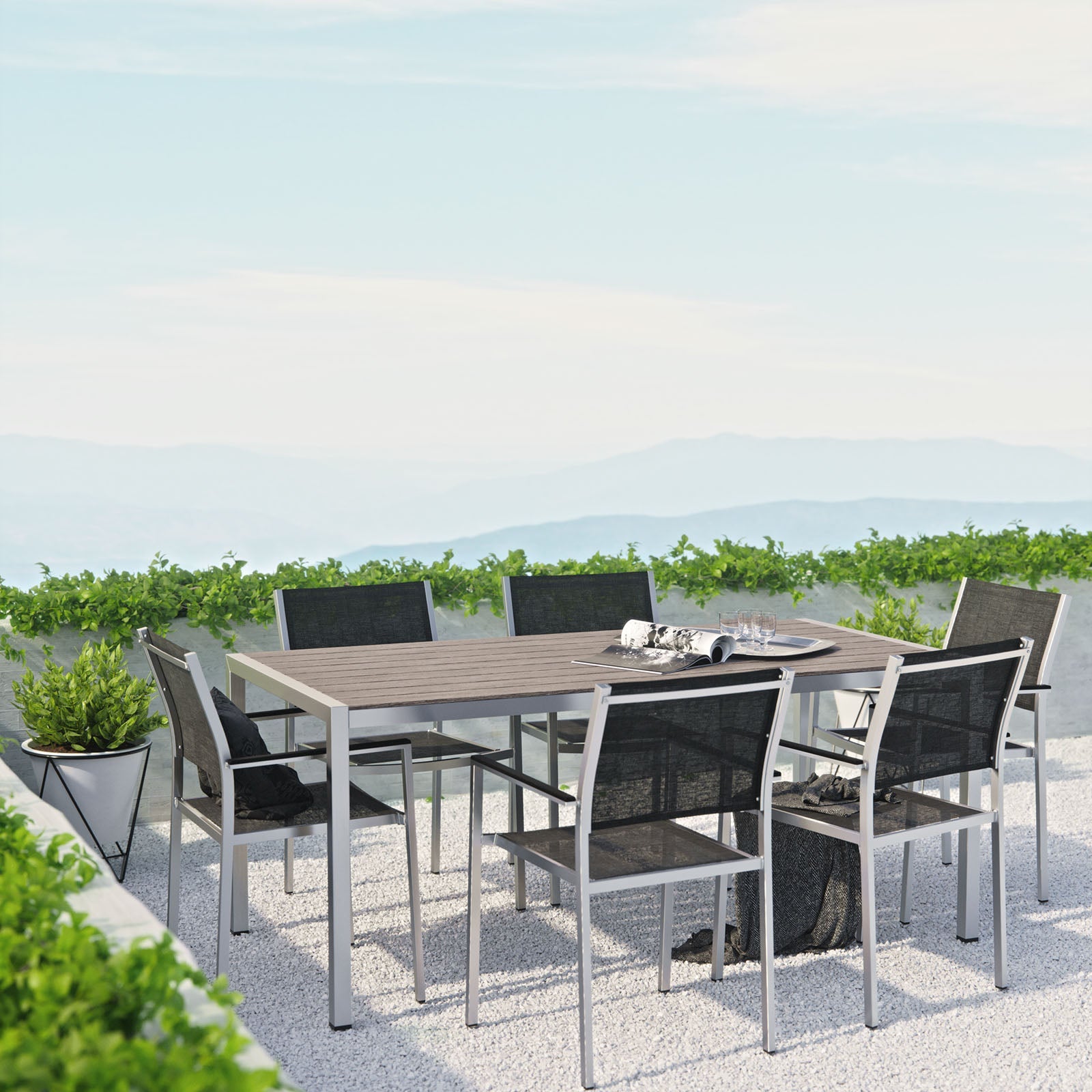 Modway EEI-2486 Shore 7 Piece Outdoor Patio Aluminum Dining Set - Silver Black | Dining Sets | Modishstore