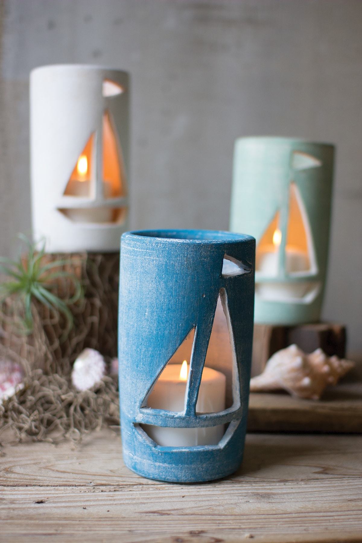 Kalalou Set Of 3 Clay Sailboat Luminaries - Set Of 2 | Modishstore | Candle Holders