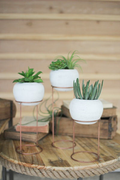 Kalalou Set Of 3 White-Washed Clay Vessels On Wire Bases | Modishstore | Planters, Troughs & Cachepots