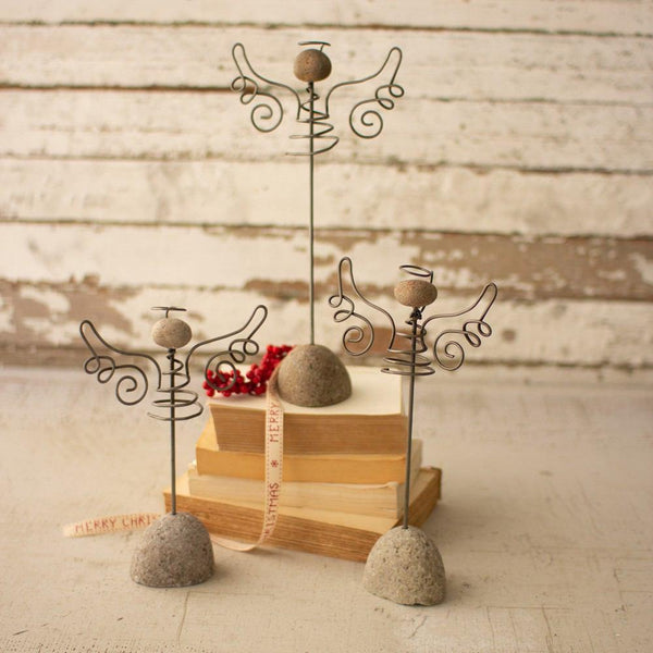Kalalou Set Of 3 Wire Angels With River Rock Bases | Modishstore | Home Accents