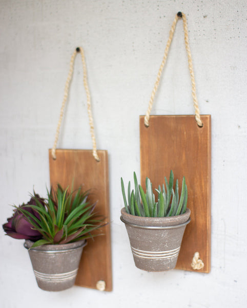 Kalalou Grey Clay And Wood Wall Planter - Set Of 2 | Modishstore | Planters, Troughs & Cachepots