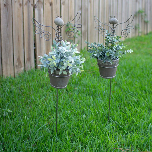 Kalalou Angel Yard Stake With Clay Pot - Set Of 2 | Modishstore | Outdoor Decor