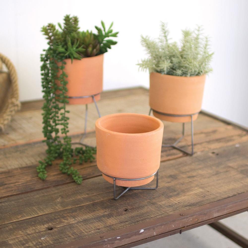 Kalalou Set Of 3 Natural Clay Planters With Wire Bases | Modishstore | Planters, Troughs & Cachepots