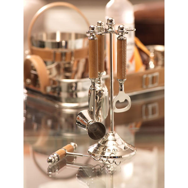 Zodax Polished Nickel and Leather Bar Tool Set | Wine & Bar Accessories | Modishstore