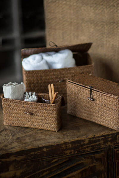 Vagabond Vintage Hand Woven Brown Rattan Narrow Boxes | Modishstore | Decorative Boxes