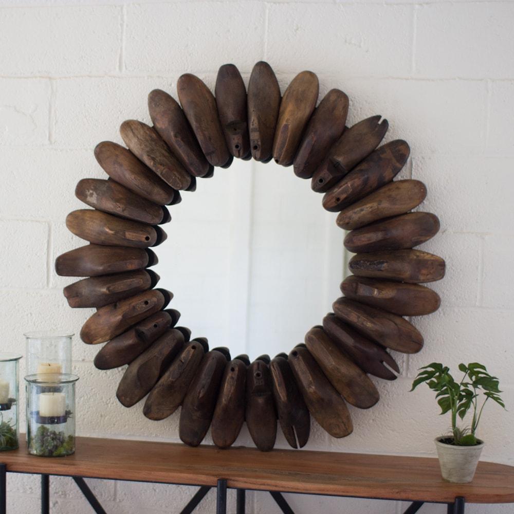 Kalalou Round Wooden Antique Shoe Mold Mirror-3