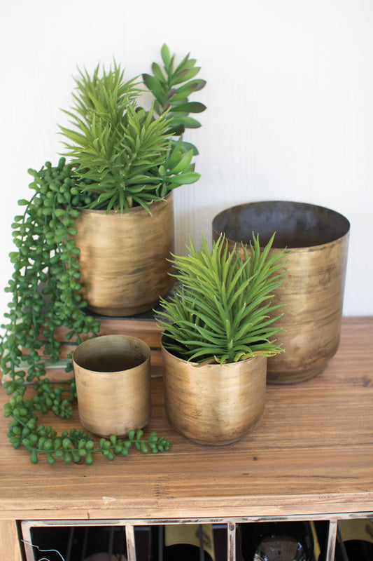 Kalalou Metal Flower Pots - Aged Brass Finish - Set Of 4 | Modishstore | Vases