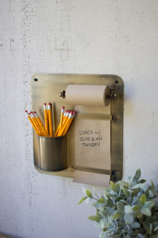 Kalalou Antique Brass Hanging Note Roll And Pencil Cup | Modishstore | Wall Decor