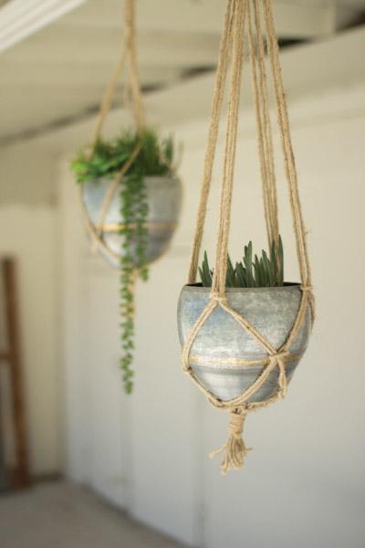 Kalalou Set Of 2 Hanging Galvanized Planters With Woven Jute Rope | Modishstore | Planters, Troughs & Cachepots
