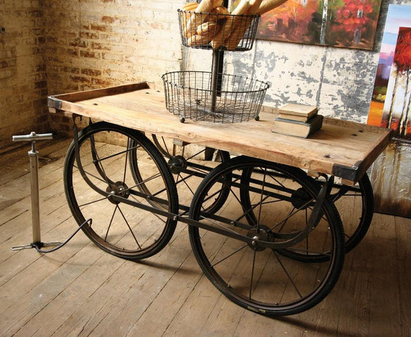 Kalalou Recycled Wood And Iron Rolling Vendor Cart With Bicycle Tire Pump | Modishstore | Accent Tables