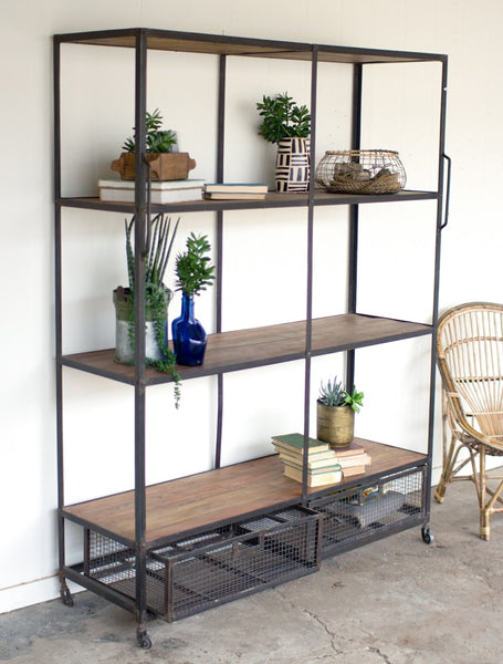 Kalalou Iron And Wood Shelving Unit with Wire Drawers | Modishstore | Shelves & Shelving Units