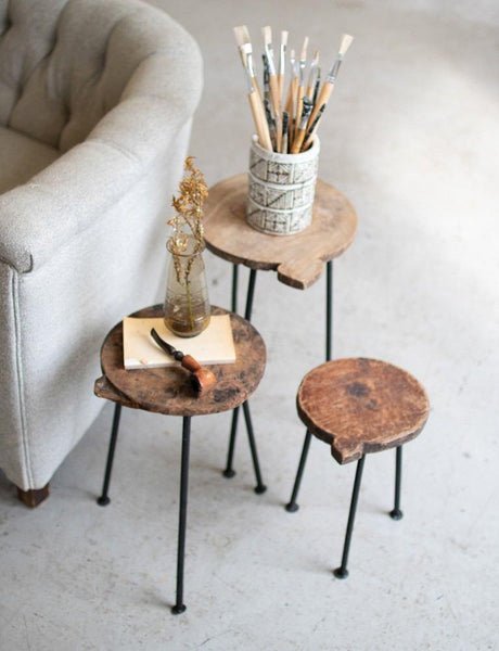 Kalalou Set Of 3 Nesting Wooden Chapati Boards With Iron Bases | Modishstore | Nesting Tables