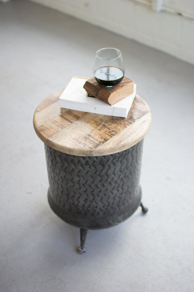 Kalalou Cylinder Shaped Metal Side Table With Mango Wood Top | Modishstore | Side Tables