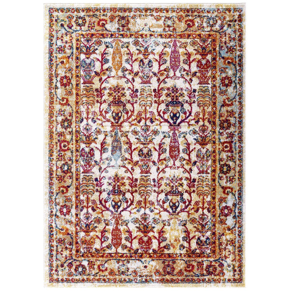 Modway Entourage Jessa Distressed Vintage Floral Lattice 8x10 Area Rug Ivory, Blue, Orange, Yellow, Red | Rugs | Modishstore-2