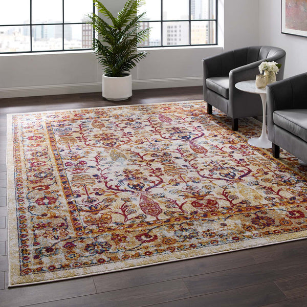 Modway Entourage Jessa Distressed Vintage Floral Lattice 8x10 Area Rug Ivory, Blue, Orange, Yellow, Red | Rugs | Modishstore