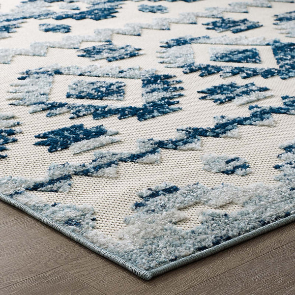 Modway Reflect Takara Distressed Contemporary Abstract Diamond Moroccan Trellis 8x10 Indoor and Outdoor Area Rug Ivory and Blue | Rugs | Modishstore-6