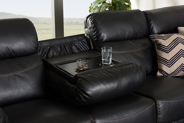baxton studio roland modern and contemporary black faux leather 2 piece sectional with recliner and storage chaise | Modish Furniture Store-10