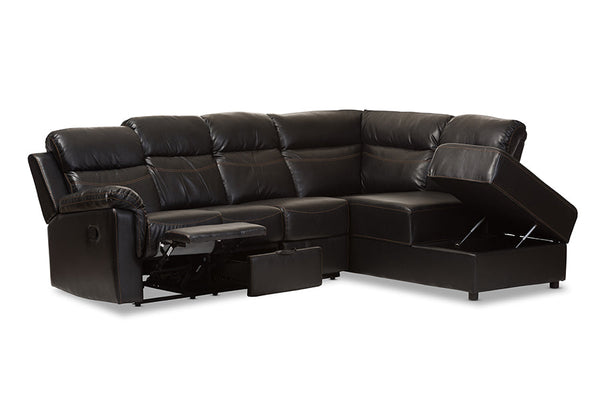 baxton studio roland modern and contemporary black faux leather 2 piece sectional with recliner and storage chaise | Modish Furniture Store-3