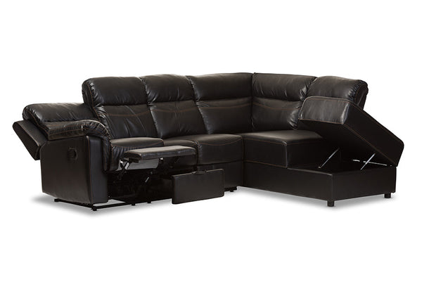 baxton studio roland modern and contemporary black faux leather 2 piece sectional with recliner and storage chaise | Modish Furniture Store-4