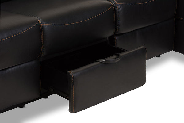 baxton studio roland modern and contemporary black faux leather 2 piece sectional with recliner and storage chaise | Modish Furniture Store-6