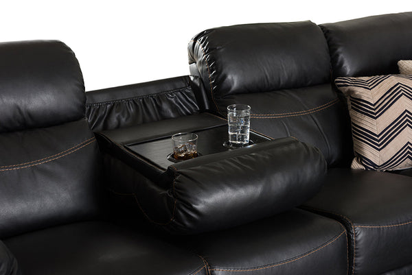 baxton studio roland modern and contemporary black faux leather 2 piece sectional with recliner and storage chaise | Modish Furniture Store-7