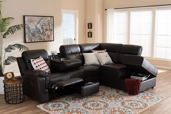 Baxton Studio Roland Modern and Contemporary Dark Brown Faux Leather 2-Piece Sectional with Recliner and Storage Chaise | Modishstore | Chairs & Recliners