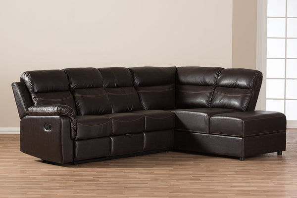 baxton studio roland modern and contemporary dark brown faux leather 2 piece sectional with recliner and storage chaise | Modish Furniture Store-11