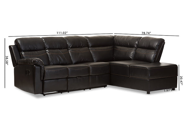 baxton studio roland modern and contemporary dark brown faux leather 2 piece sectional with recliner and storage chaise | Modish Furniture Store-12
