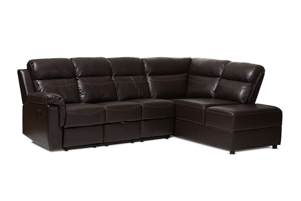 baxton studio roland modern and contemporary dark brown faux leather 2 piece sectional with recliner and storage chaise | Modish Furniture Store-2