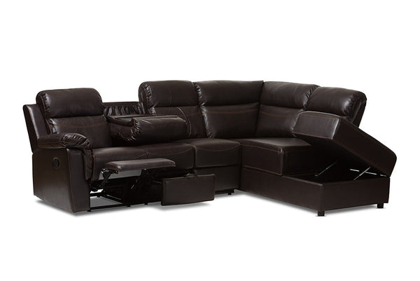 baxton studio roland modern and contemporary dark brown faux leather 2 piece sectional with recliner and storage chaise | Modish Furniture Store-3