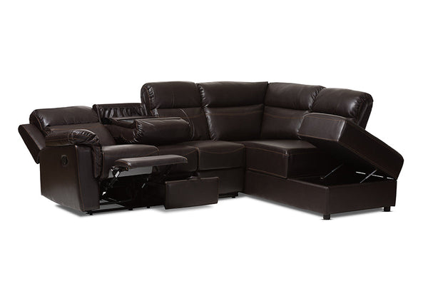baxton studio roland modern and contemporary dark brown faux leather 2 piece sectional with recliner and storage chaise | Modish Furniture Store-4