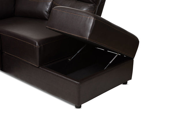 baxton studio roland modern and contemporary dark brown faux leather 2 piece sectional with recliner and storage chaise | Modish Furniture Store-5