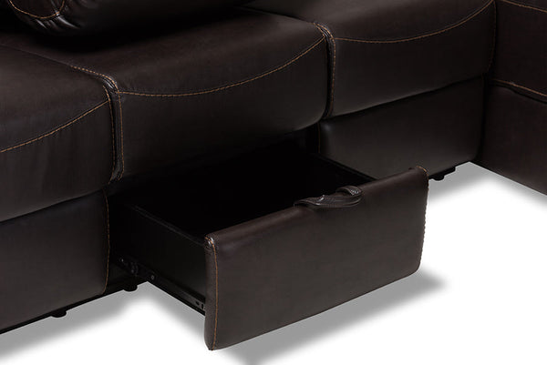 baxton studio roland modern and contemporary dark brown faux leather 2 piece sectional with recliner and storage chaise | Modish Furniture Store-6