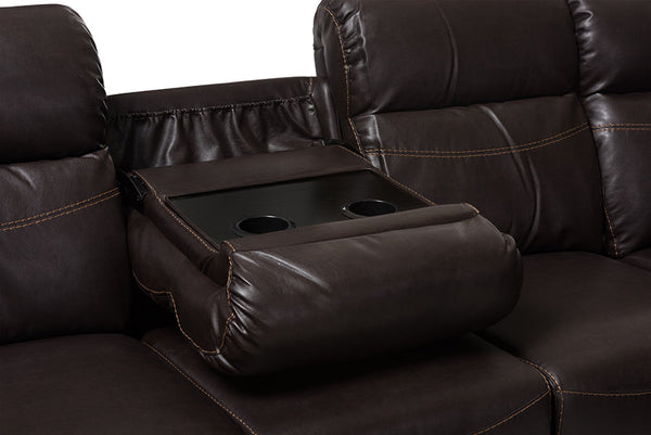 baxton studio roland modern and contemporary dark brown faux leather 2 piece sectional with recliner and storage chaise | Modish Furniture Store-7