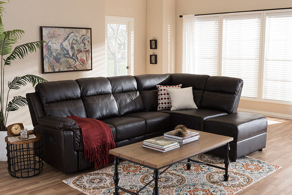 baxton studio roland modern and contemporary dark brown faux leather 2 piece sectional with recliner and storage chaise | Modish Furniture Store-10