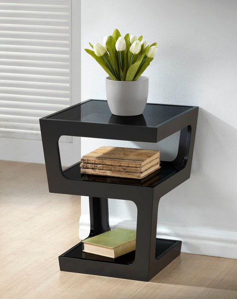 baxton studio clara black modern end table with 3 tiered glass shelves | Modish Furniture Store-4