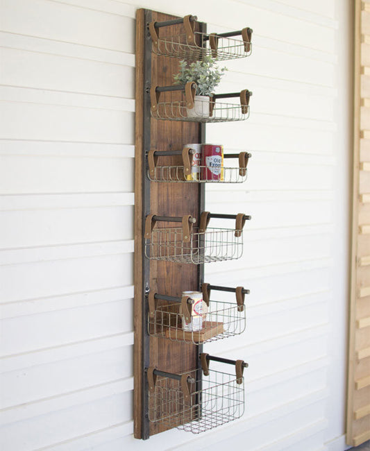 Kalalou Recycled Wood & Metal Wall Rack With Six Wire Storage Baskets | Modishstore | Wall Shelf