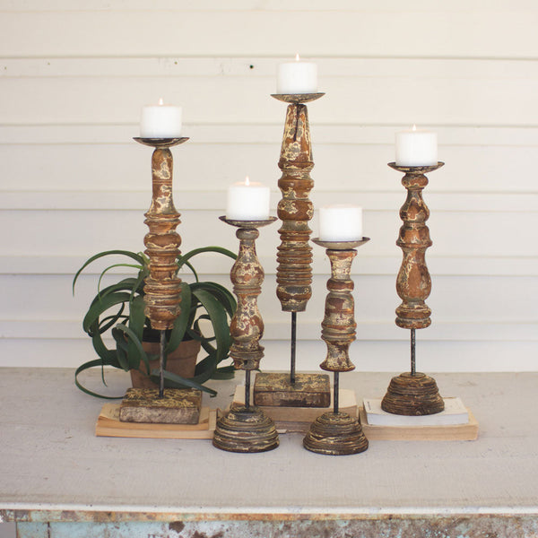 Kalalou Repurposed Wooden Finial Candle Stands (Set Of 5) | Modishstore | Candle Holders